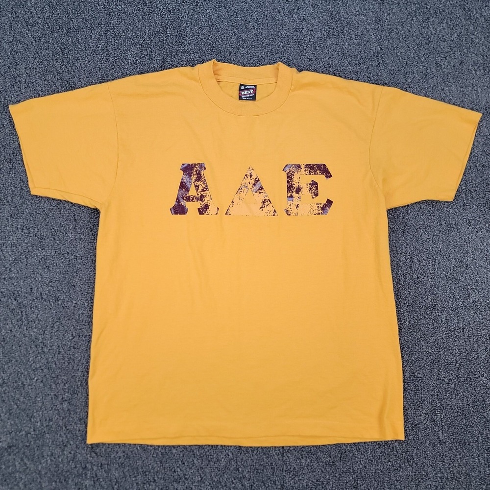 Alpha Delta Epsilon Mens XL Yellow T Shirt VTG 90s Screen Stars USA Greek Single